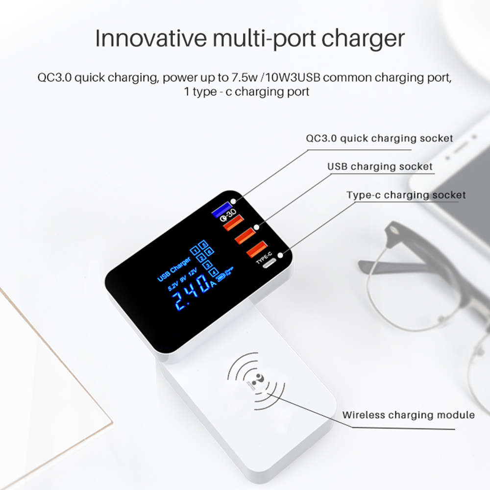 Multi-port USB Fast Charging Station Adapter With Wireless Charger