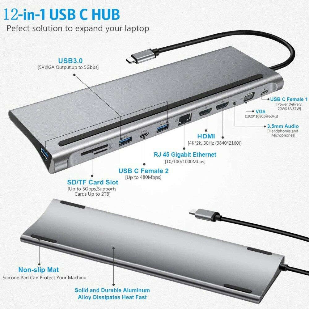 12-in-1 USB C HUB Docking Station Type C to USB 3.0 HDMI Adapter