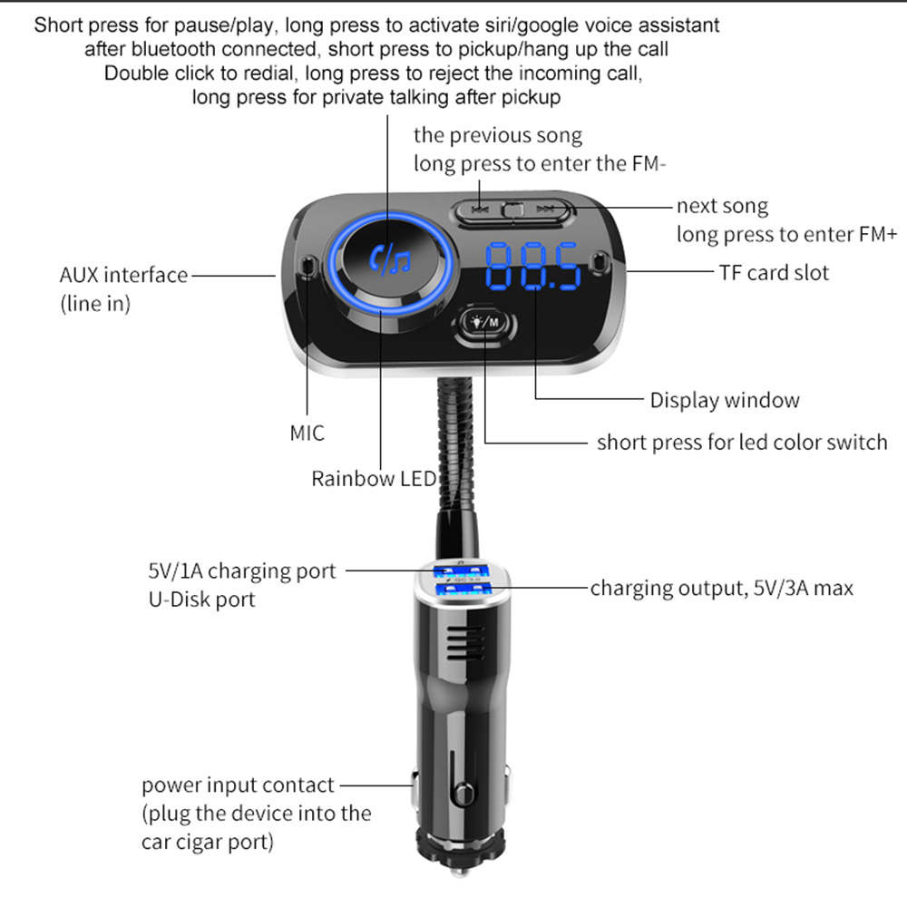 Bluetooth 5.0 FM Transmitter For Car Wireless FM Radio Adapter Car Kit