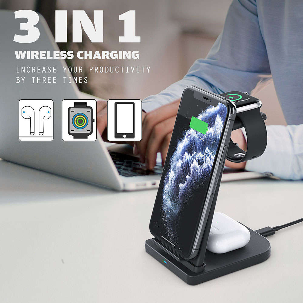 Portable 3 in 1 Fast Wireless Charging Station Charger Stand - Black