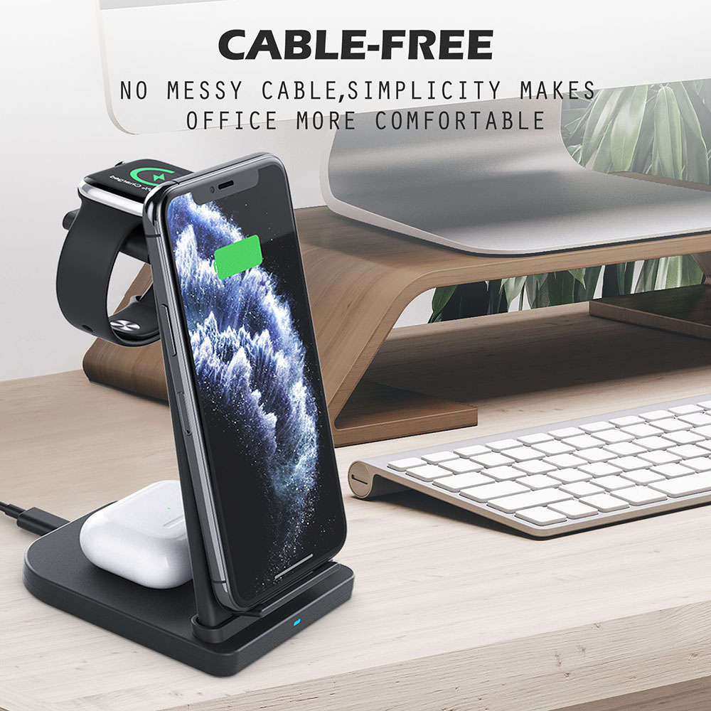 Portable 3 in 1 Fast Wireless Charging Station Charger Stand - Black