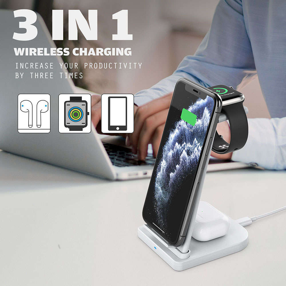 Portable 3 in 1 Fast Wireless Charging Station Charger Stand - White