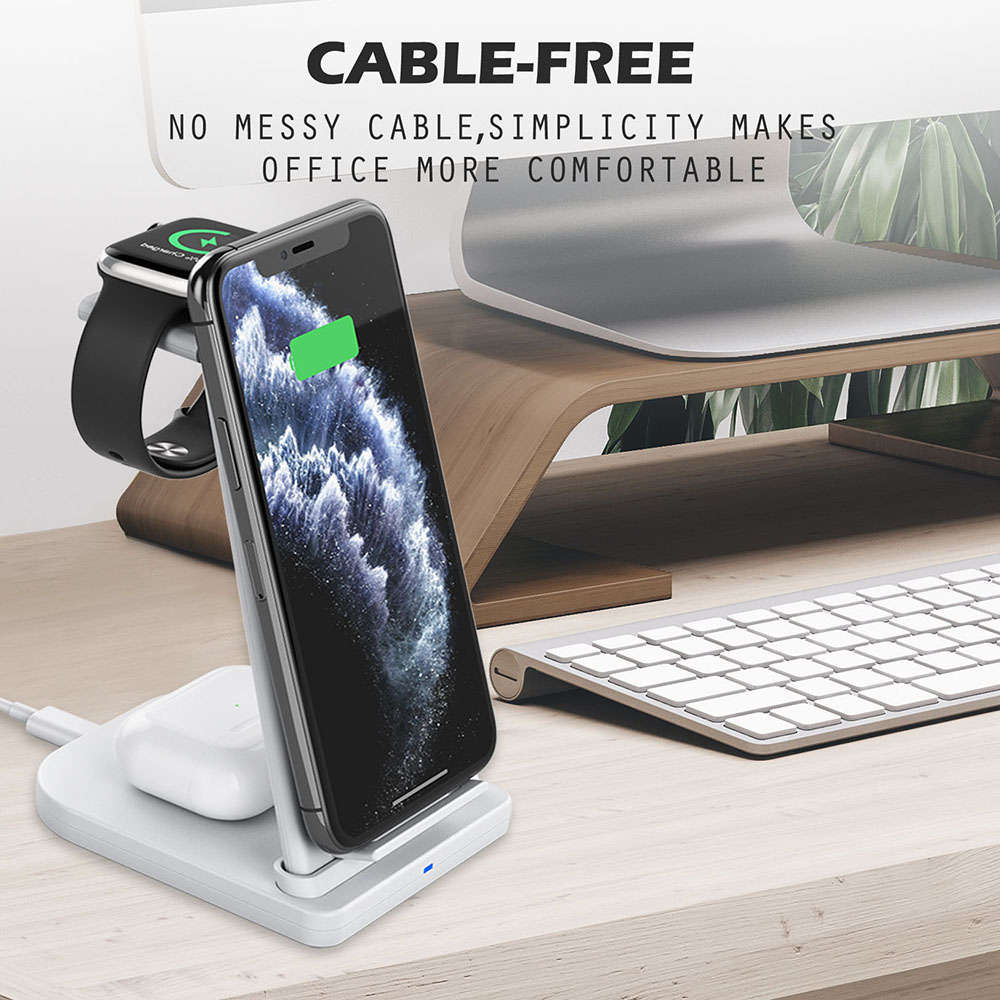 Portable 3 in 1 Fast Wireless Charging Station Charger Stand - White