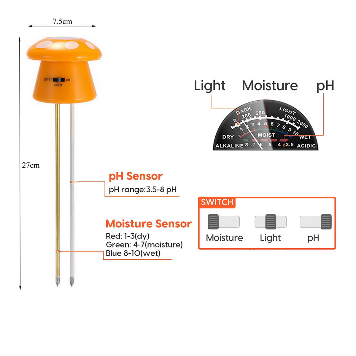 Soil pH Meter 3-in-1 Soil Tester with Plant Moisture Light and pH Tester