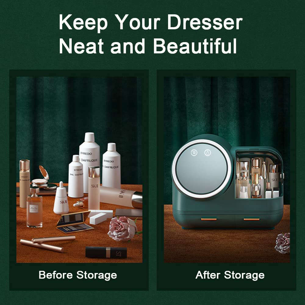 Makeup Organizer Cosmetic Storage Box Display Case with LED Mirror and Fan
