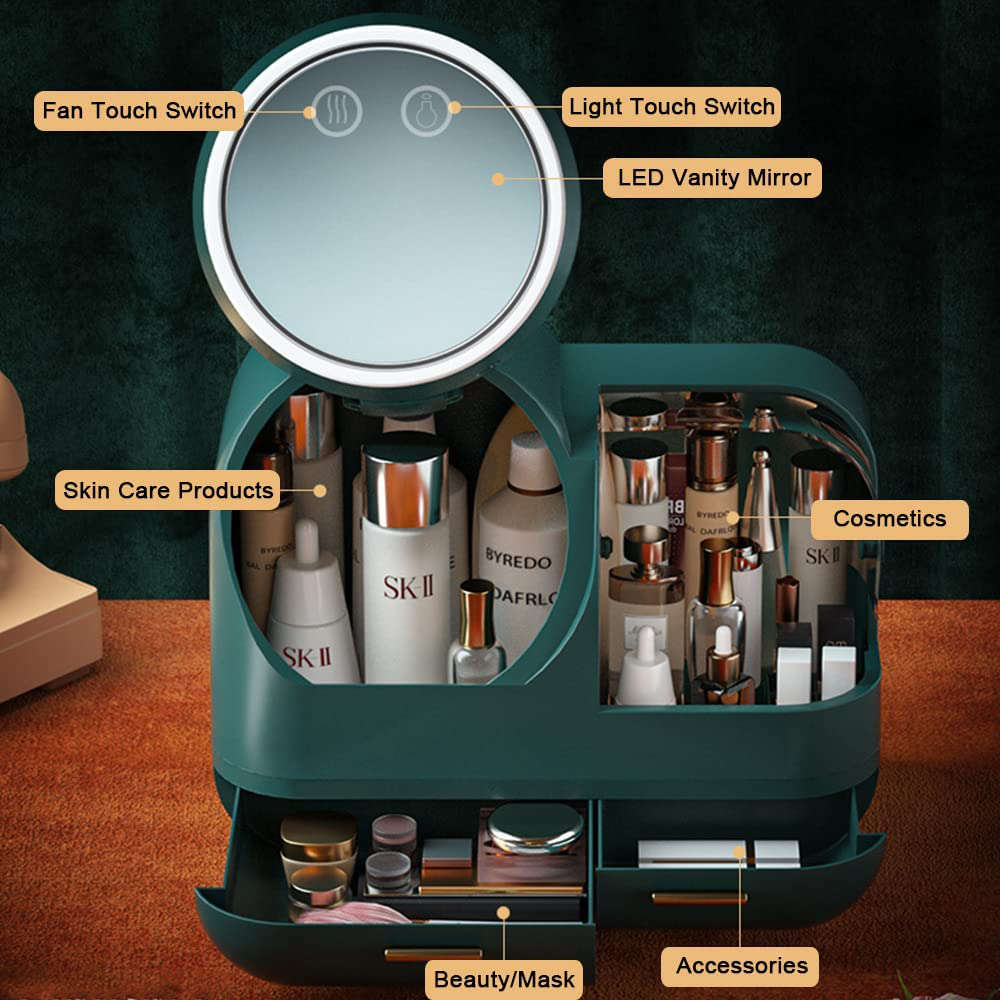 Makeup Organizer Cosmetic Storage Box Display Case with LED Mirror and Fan