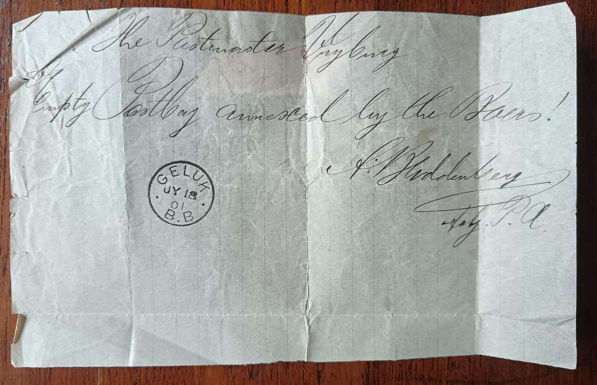 Boer war letter 1901 from Geluk Postmaster - Boers annexed empty postbag