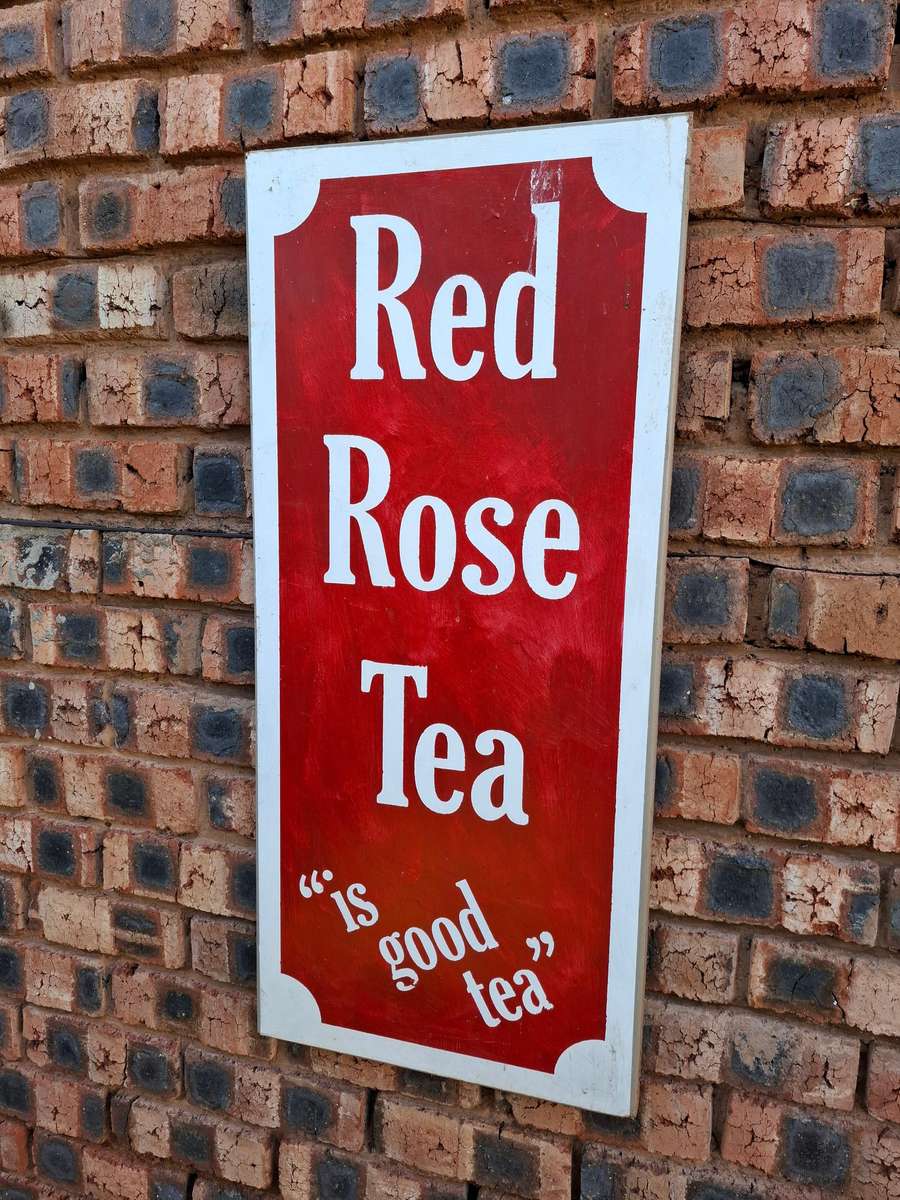 "Red Rose Tea" hand painted steel sign 43cm x 91cm x 5cm