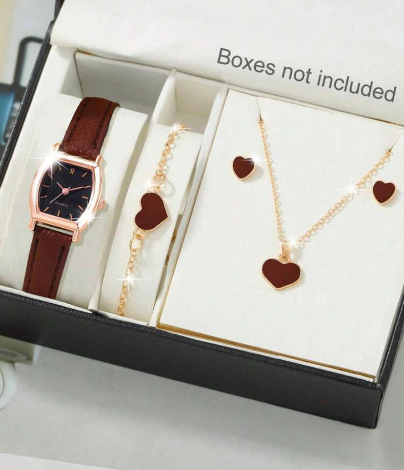 Leather watch with 3 piece matching bracelet, chain and earrings set