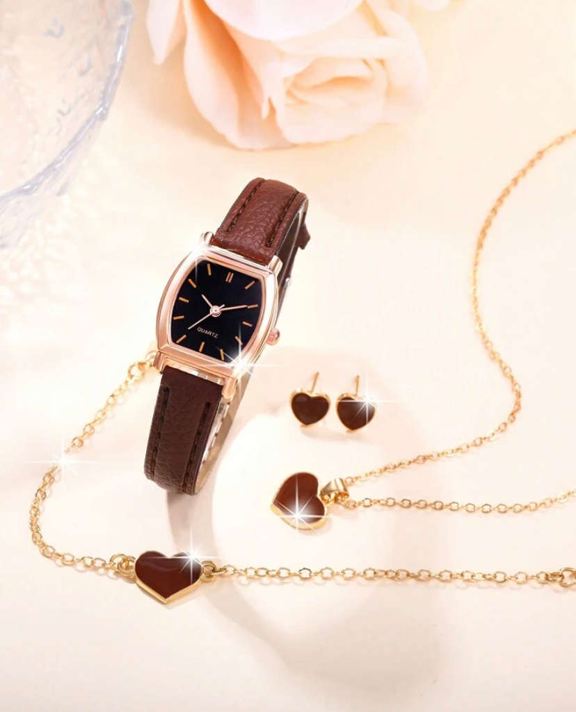 Leather watch with 3 piece matching bracelet, chain and earrings set