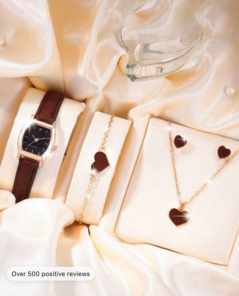 Leather watch with 3 piece matching bracelet, chain and earrings set