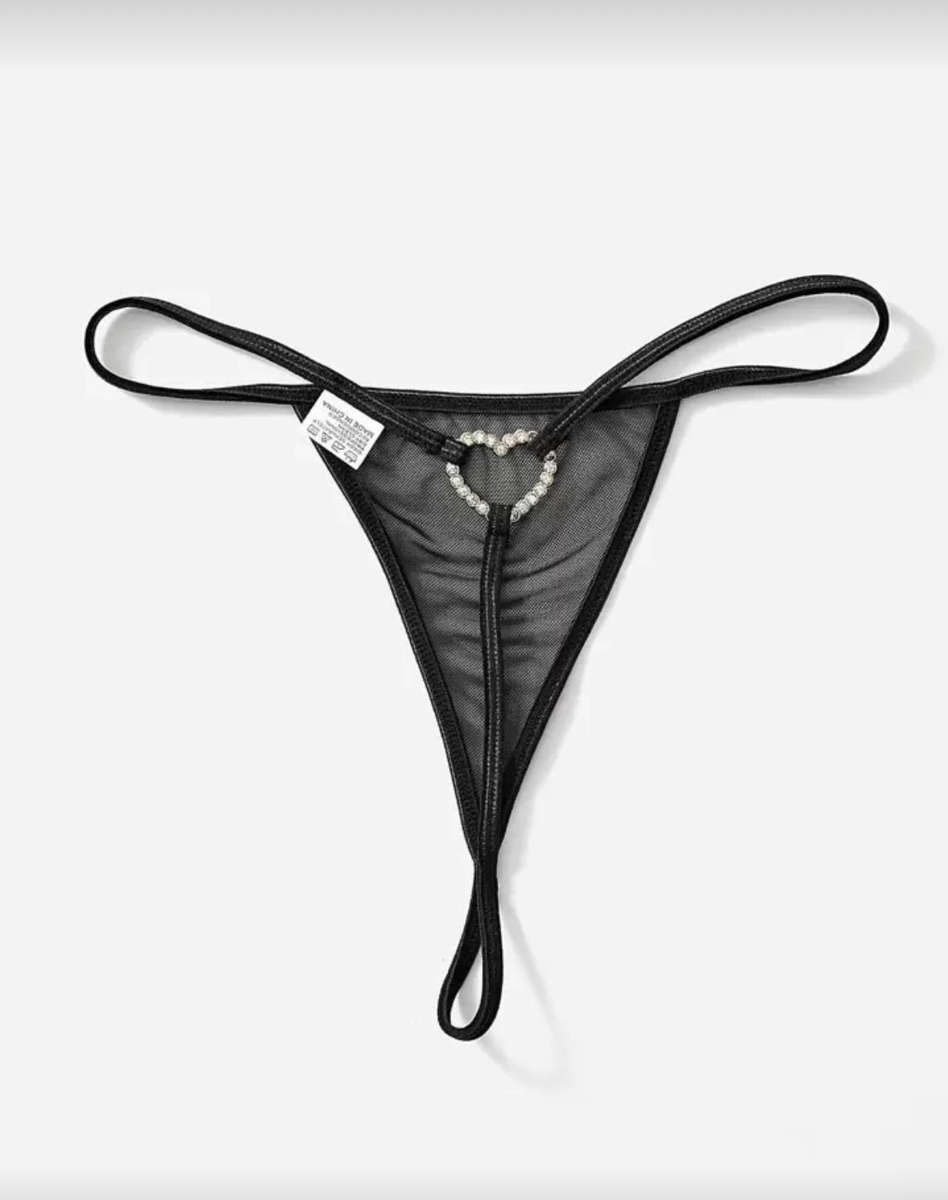 On Promo - 80% Off Rhinestone Heart Ring Linked Mesh Thong Lingerie