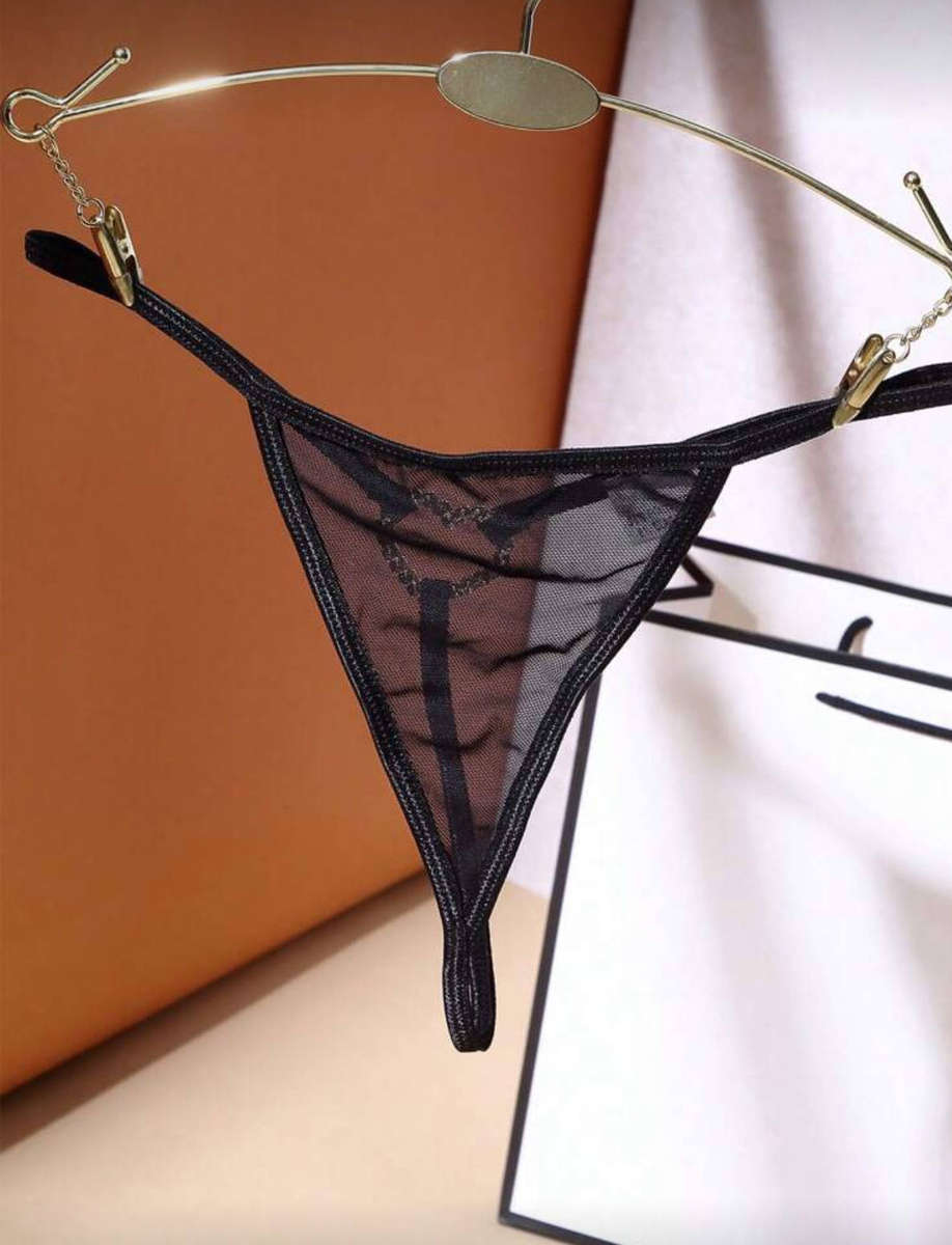 On Promo - 80% Off Rhinestone Heart Ring Linked Mesh Thong Lingerie