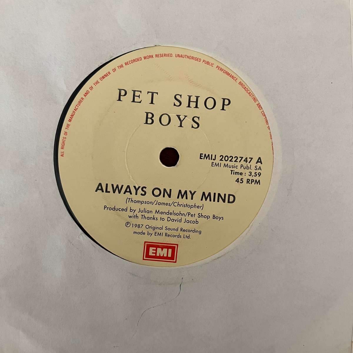 Pet Shop Boys - Always On My Mind Vinyl 7 Inch Single South African Press