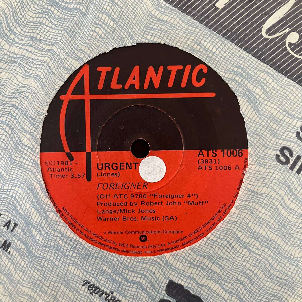 Foreigner - Urgent Vinyl 7 Inch Single South African Press