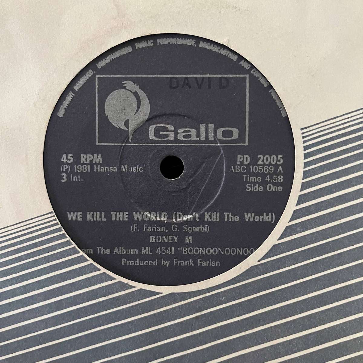 Boney M - We Kill The World Vinyl 7 Inch Single Rare Zimbabwe Press