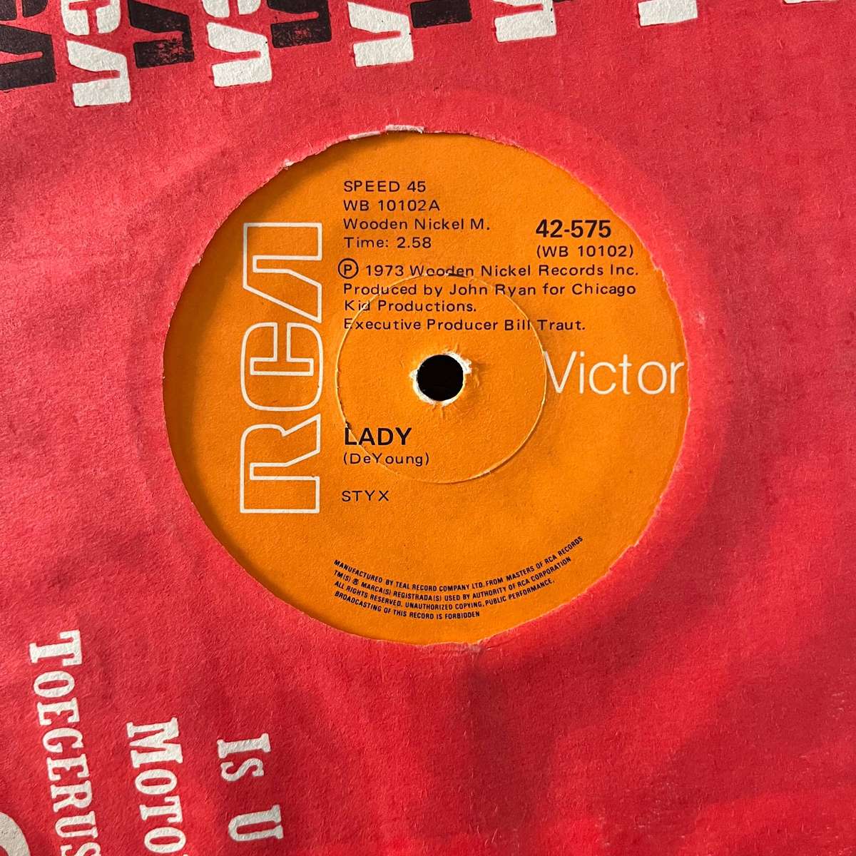 Styx - Lady Vinyl 7 Inch Single South African Press