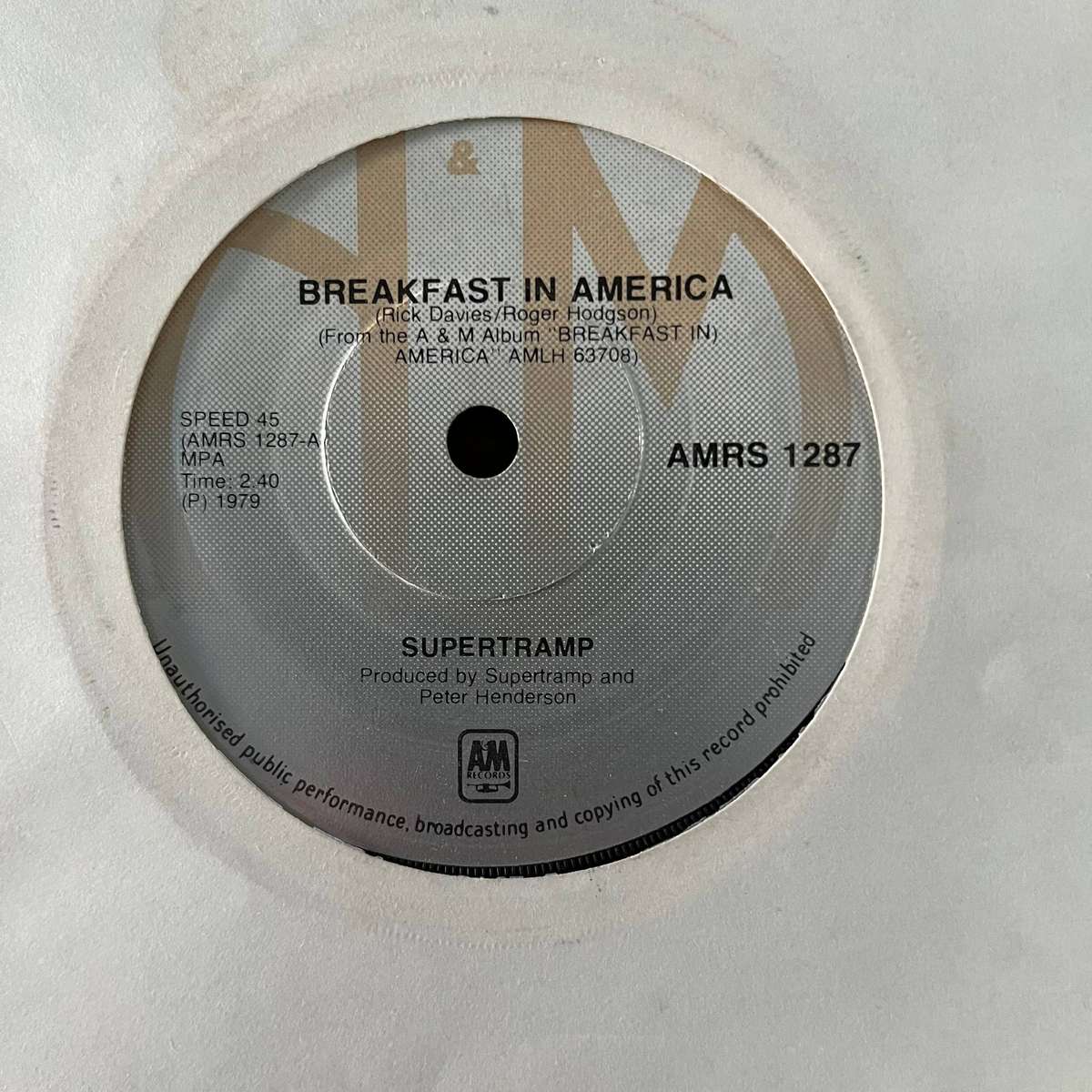 Supertramp - Breakfast In America Vinyl 7 Inch Single South African Press