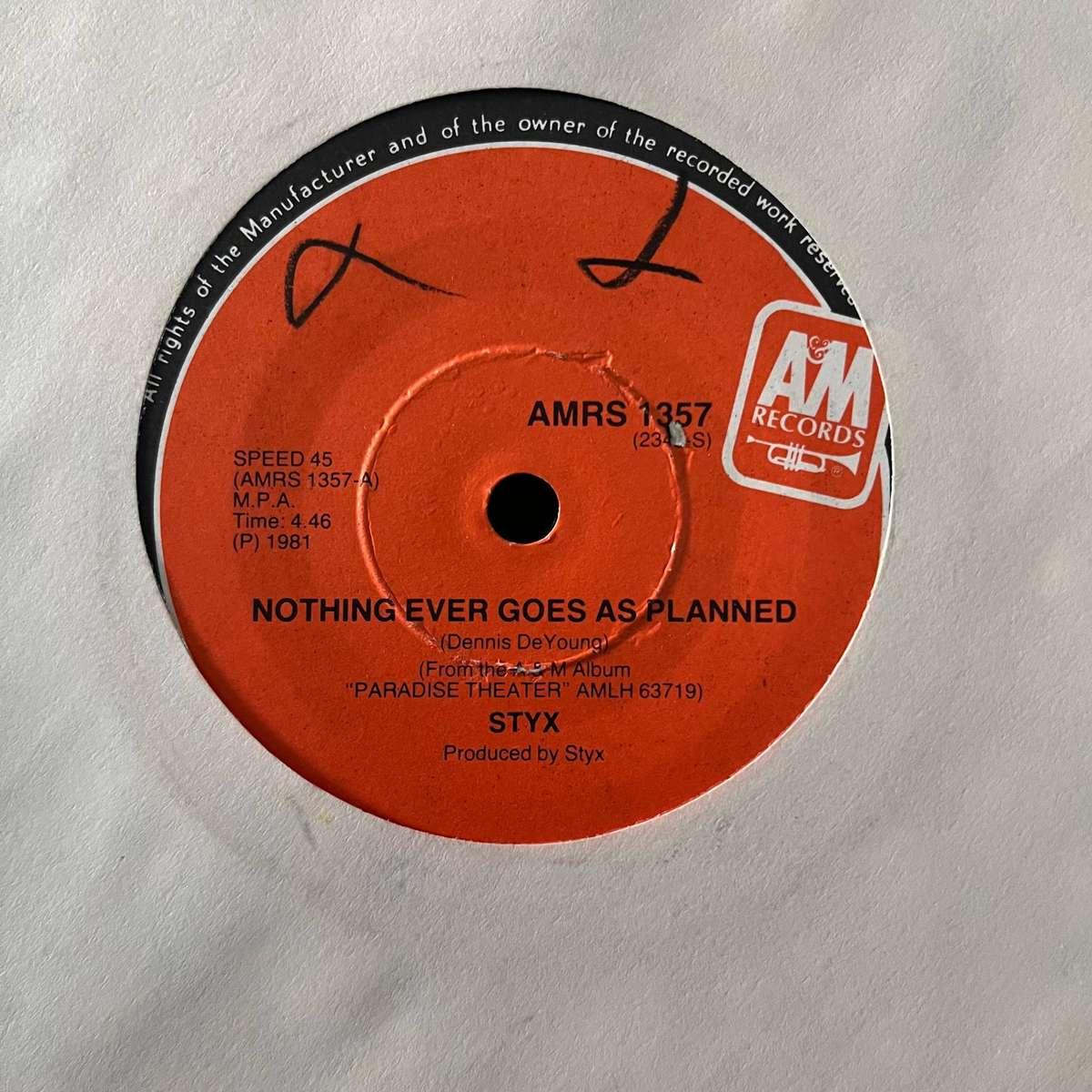 Styx - Nothing Ever Goes As Planned Vinyl 7 Inch Single South African Press