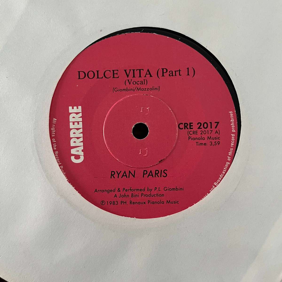Ryan Paris - Dolce Vita Vinyl 7 Inch Single South African Press