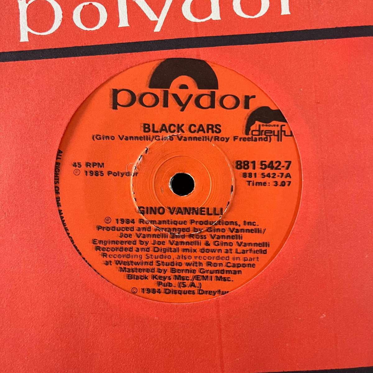 Gino Vannelli - Black Cars Vinyl 7 Inch Single South African Press