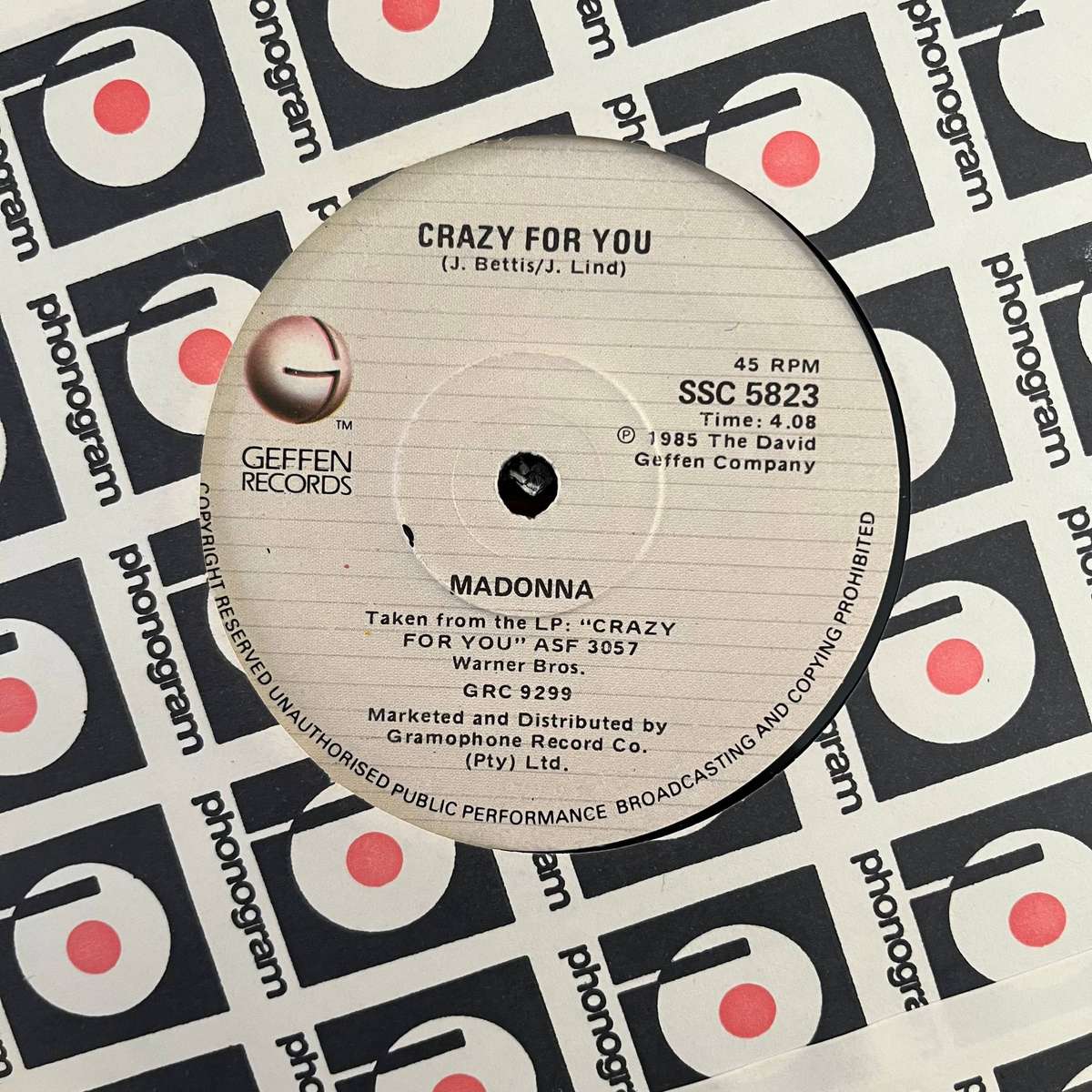 Madonna - Crazy For You Vinyl 7 Inch Single South African Press