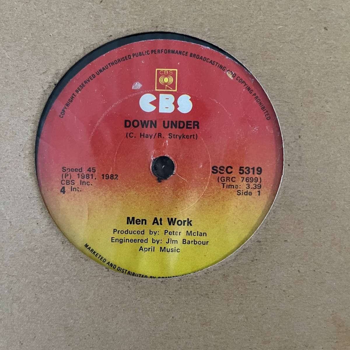 Men At Work - Down Under Vinyl 7 Inch Single Zimbabwe Press
