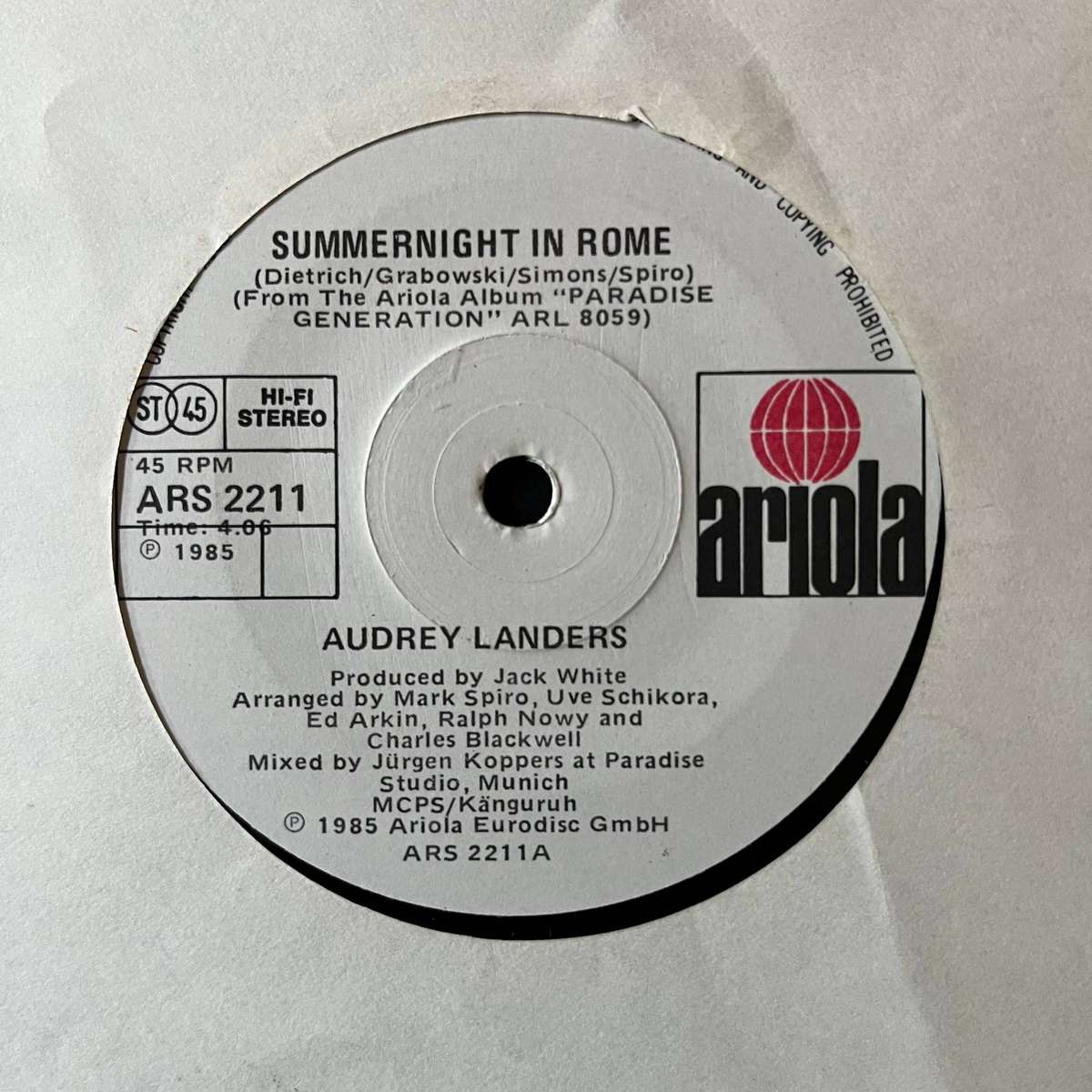 Audrey Landers - Summernight In Rome Vinyl 7 Inch Single South African Press