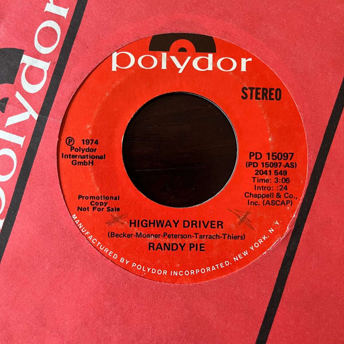 Randy Pie - Highway Driver Vinyl 7 Inch Single US Press Promo