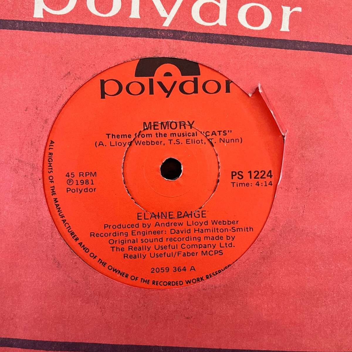 Elaine Paige - Memory Vinyl 7 Inch Single South African Press