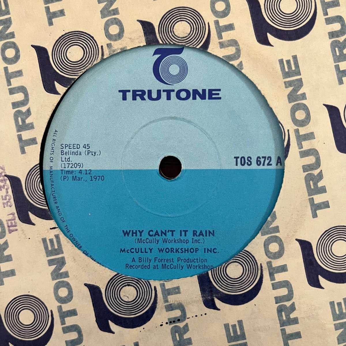 McCully Workshop Inc. - Why Can't It Rain Vinyl 7 Inch Single Rare South African Rock