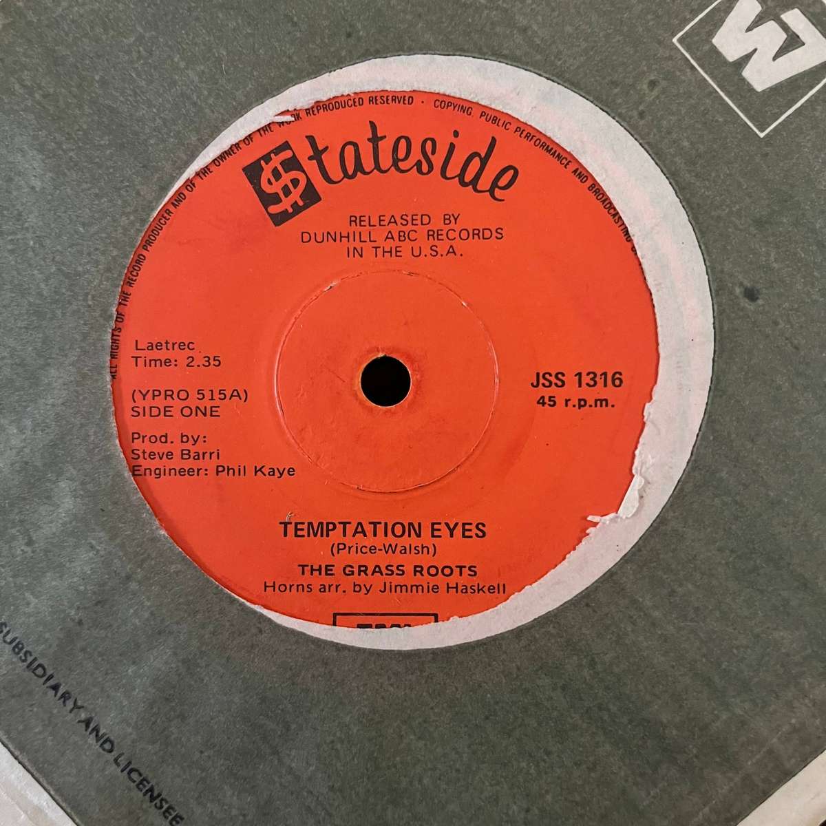 The Grass Roots - Temptations Eyes Vinyl 7 Inch Single South African Press