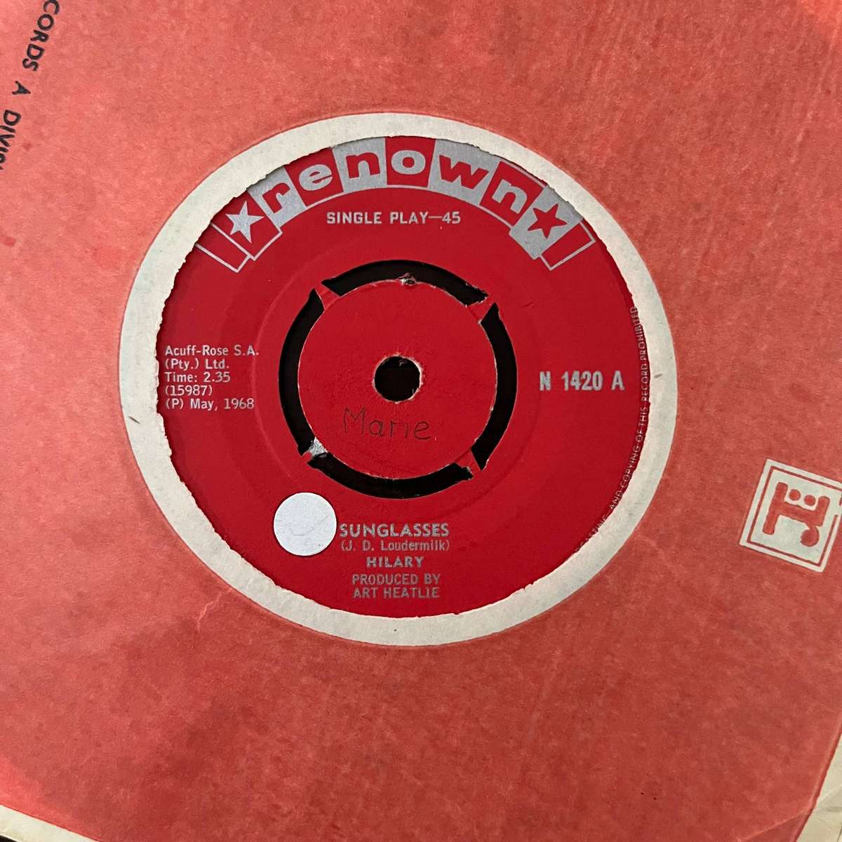 Hilary - Sunglasses Vinyl 7 Inch Single South African