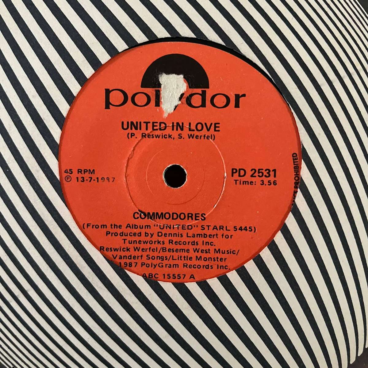 Commodores - United In Love Vinyl 7 Inch Single South African Press