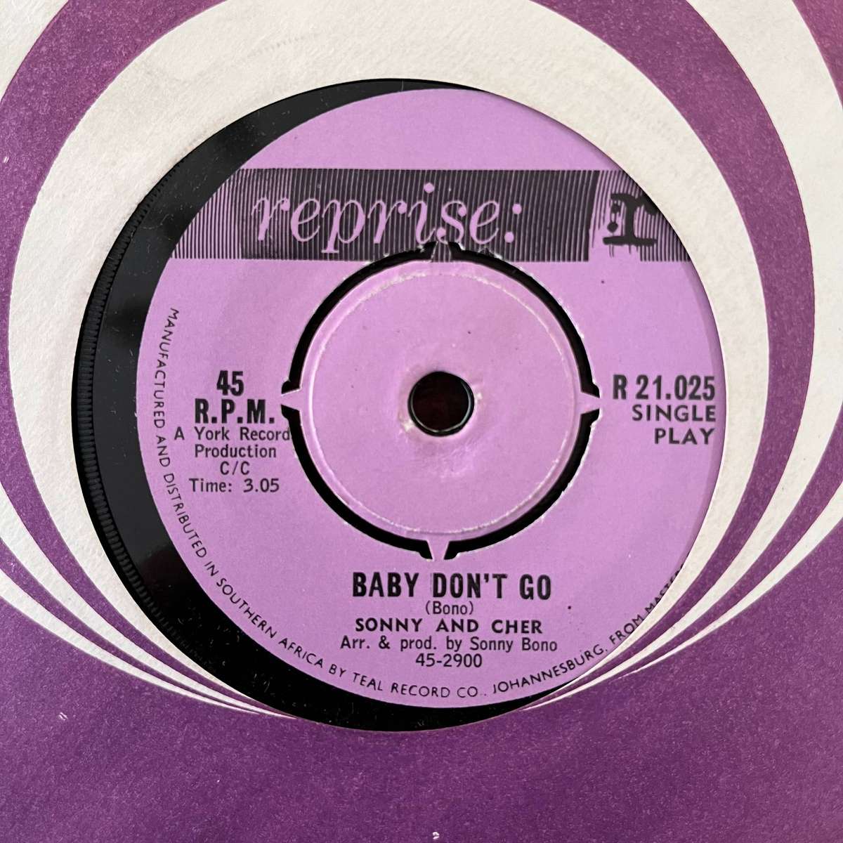 Sonny and Cher - Baby Don't Go Vinyl 7 Inch Single South African Press