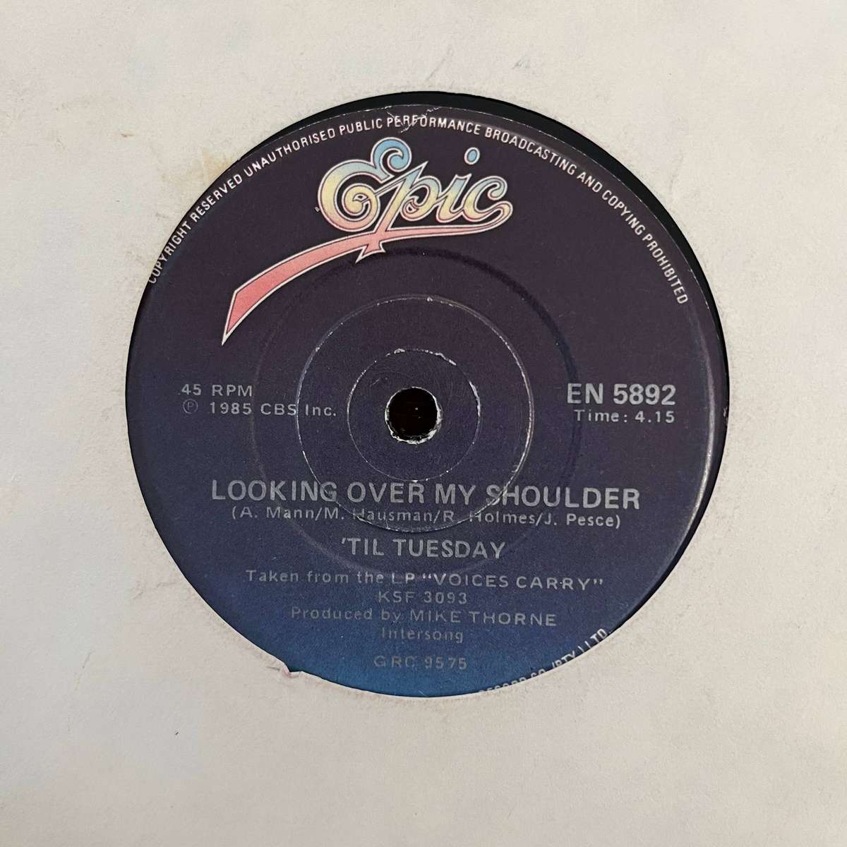 'Til Tuesday - Looking Over My Shoulder Vinyl 7 Inch Single South African Press