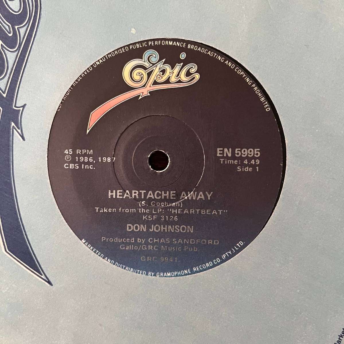 Don Johnson - Heartache Away Vinyl 7 Inch Single South African Press
