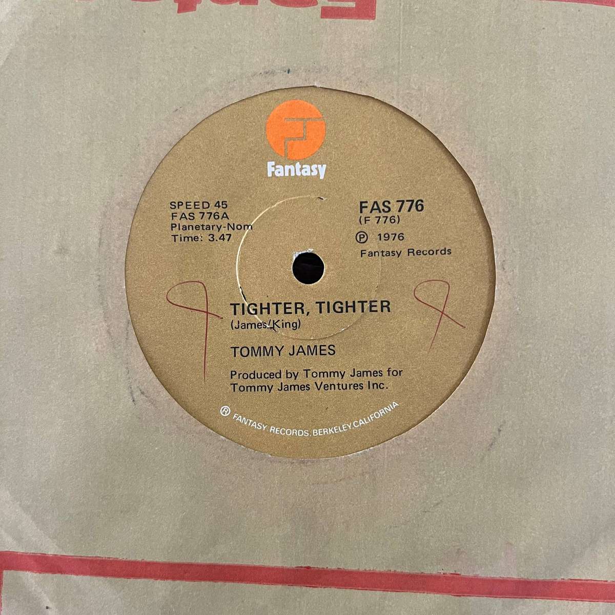 Tommy James - Tighter, Tighter Vinyl 7 Inch Single South African Press