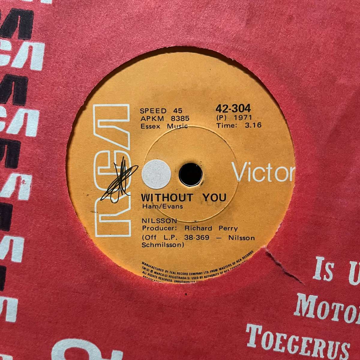 Nilsson - Without You Vinyl 7 Inch Single South African Press