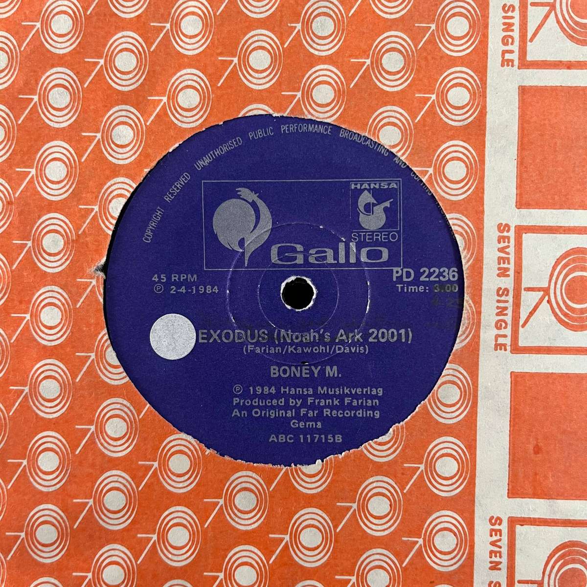 Boney M - Exodus (Noah's Ark 2001) Vinyl 7 Inch Single South African Press Mispress