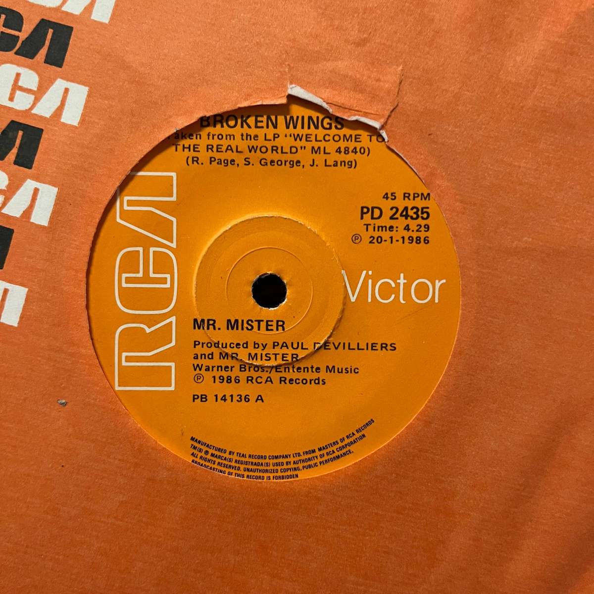 Mr. Mister - Broken Wings Vinyl 7 Inch Single South African Press