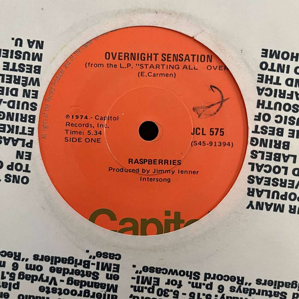 Raspberries - Overnight Sensation Vinyl 7 Inch Single South African Press