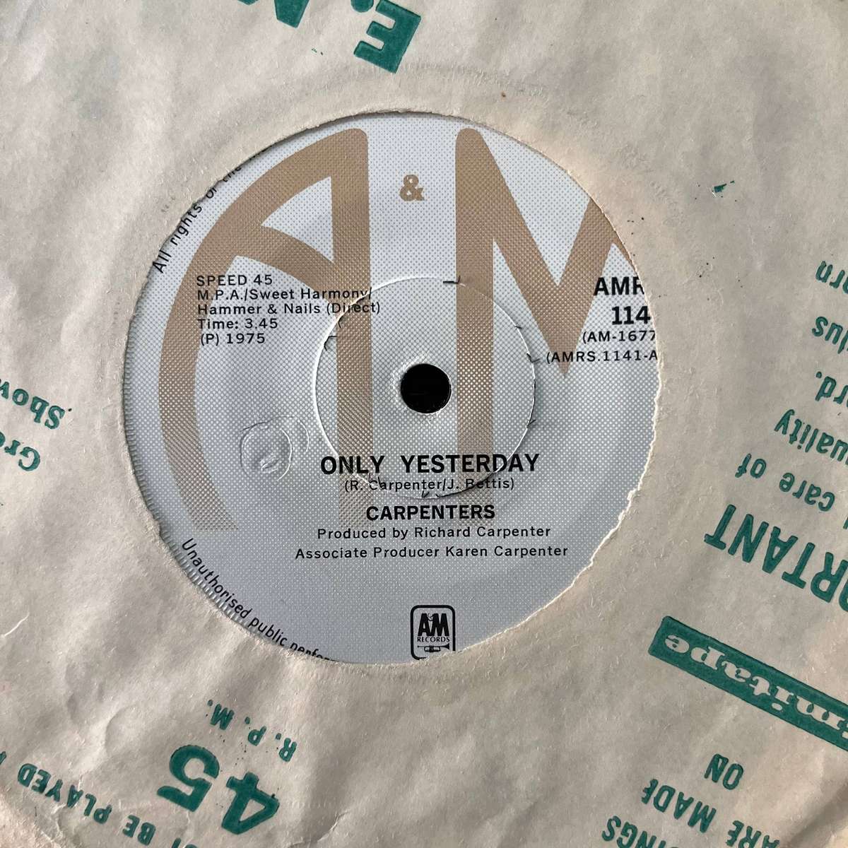Carpenters - Only Yesterday Vinyl 7 Inch Single South African Press