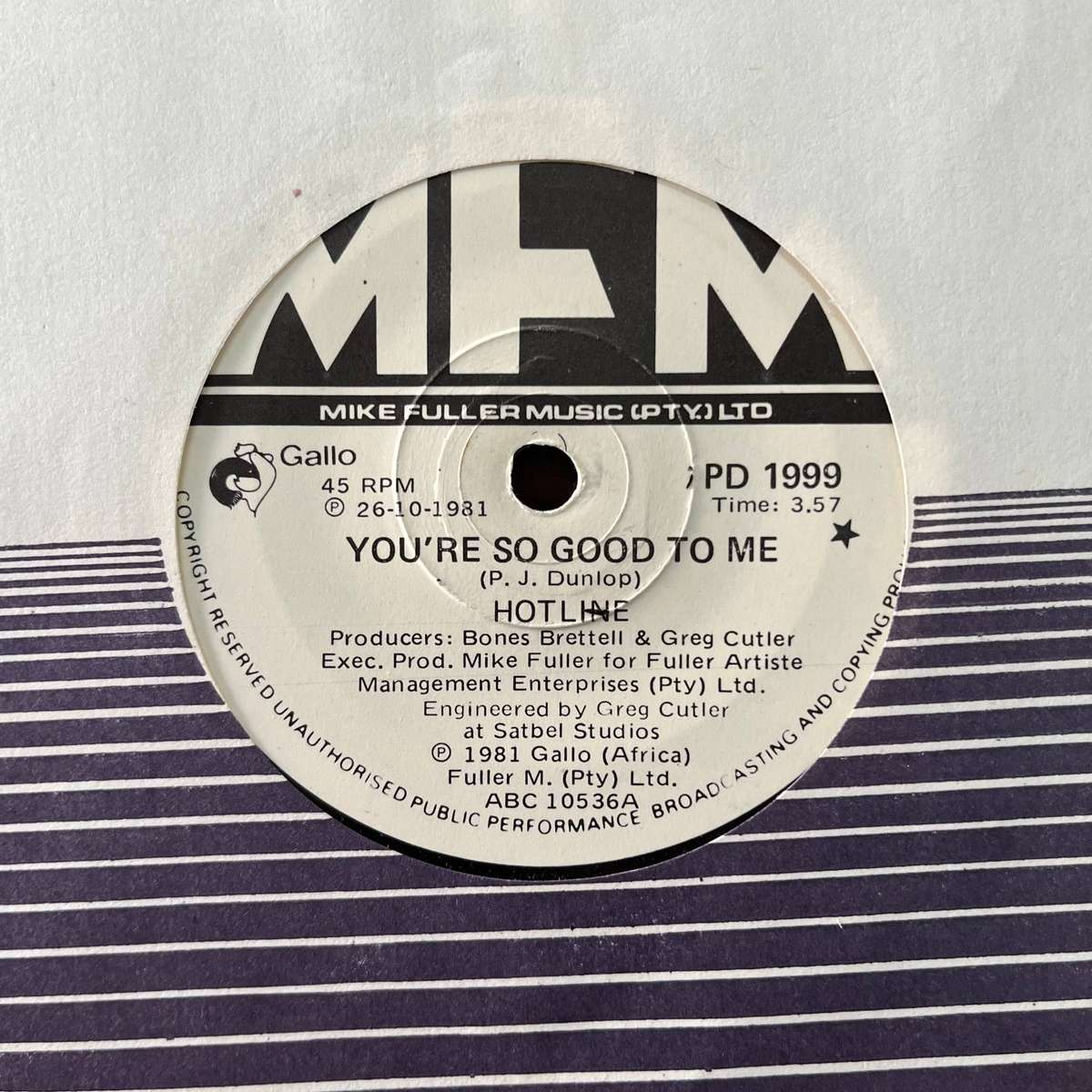 Hotline - You're So Good To Me Vinyl 7 Inch Single PJ Powers