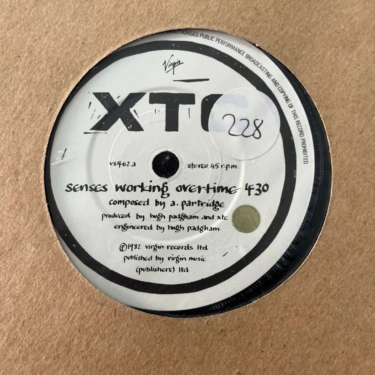 XTC - Senses Working Overtime Vinyl 7 Inch Single UK Press