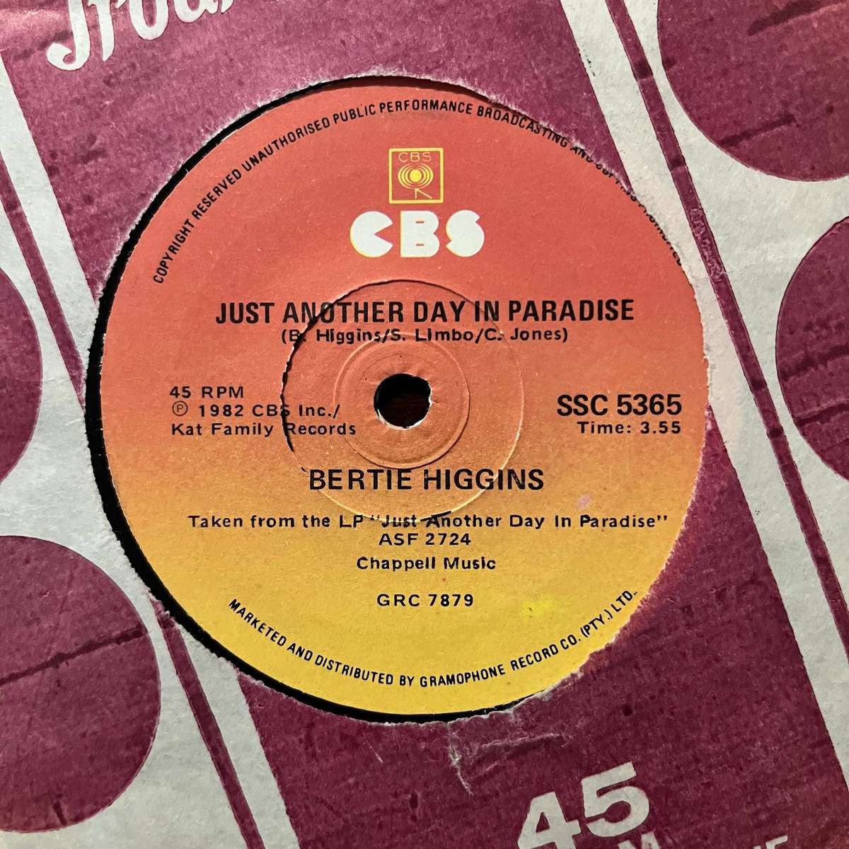 Bertie Higgins - Just Another Day In Paradise Vinyl 7 Inch Single South African Press