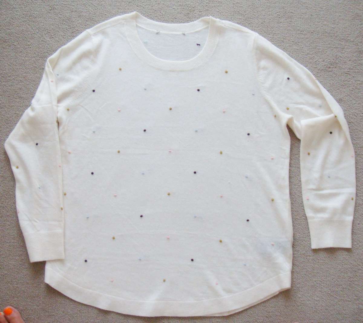 Ladies  Jersey  -   Size  medium/Large -   Beautiful PURE WHITE WITH COLOURED EMBROIDED DOTS