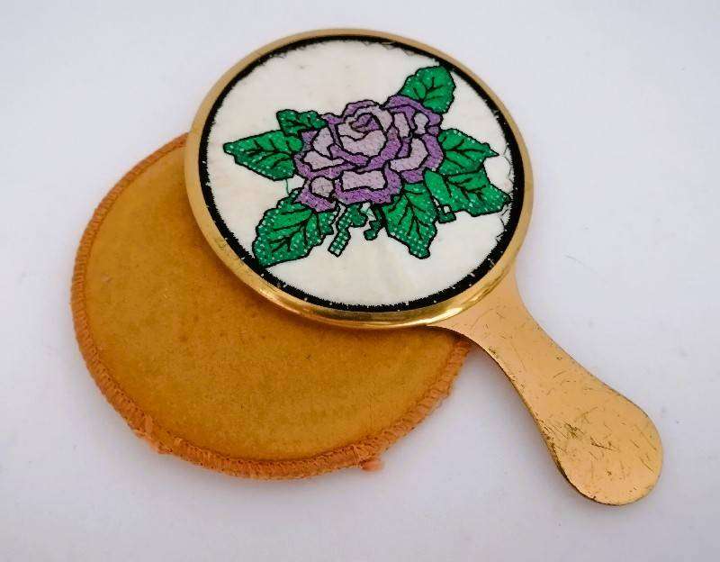 SMALL VINTAGE GOLD-TONE BEVELLED MIRROR WITH EMBROIDERED BACK, POUCH, (AS IS) size: 12.5x7.5cm,