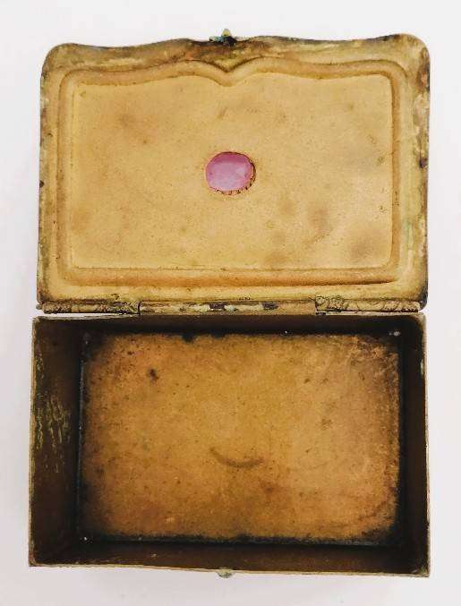 Antique Small ornate brass trinket box, Floral Scrolls, Paste Gem Top, Czech Made 8x5x3cm
