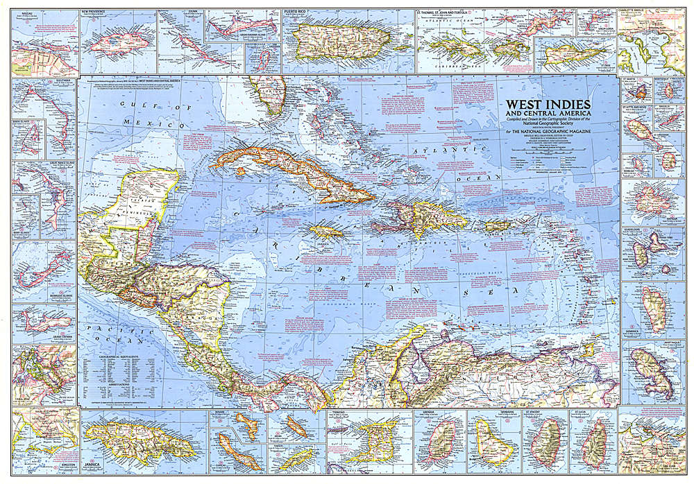 1970 West Indies and Central America Map. National Geopraphic. 38" x 26.5"